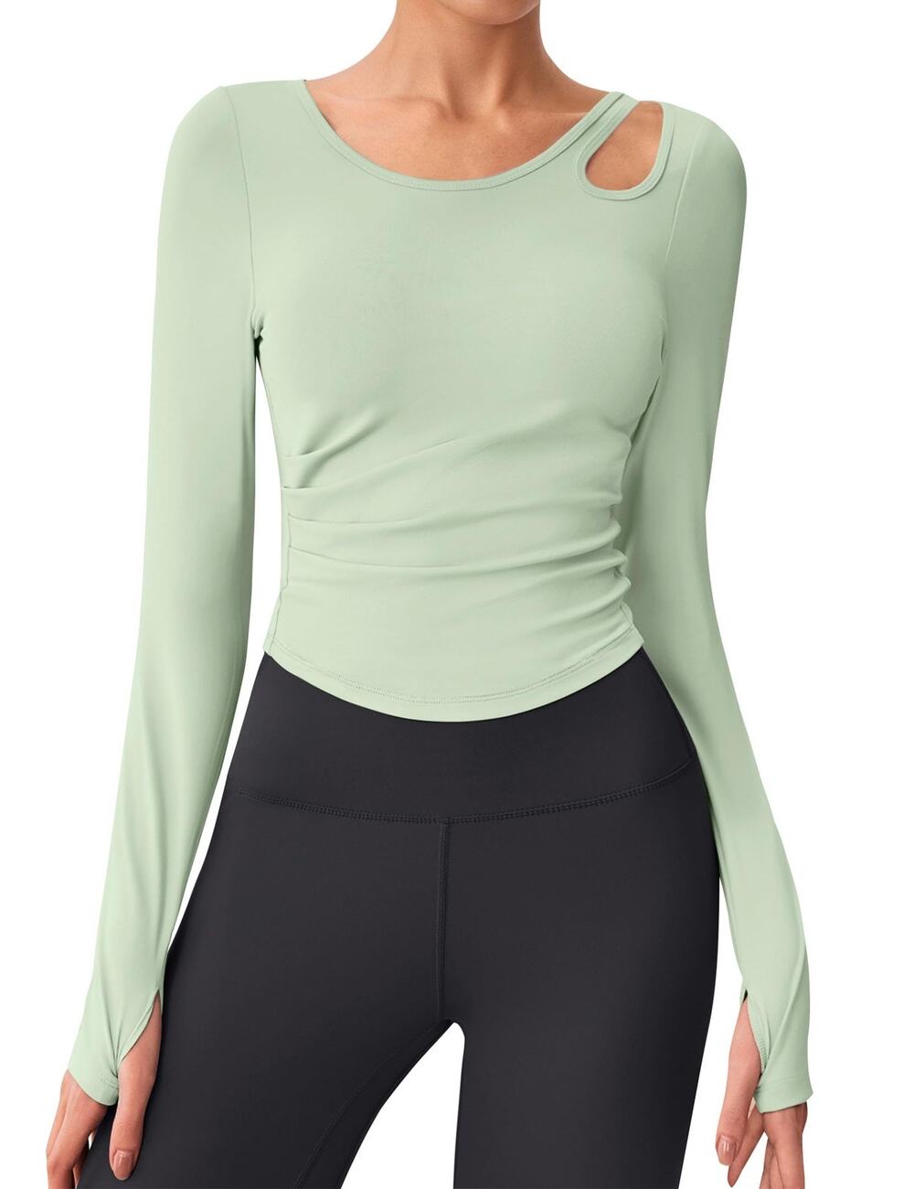 BMJL Womens Workout Top L Mint Green Cutout Shoulder Long Sleeve Thumbhole